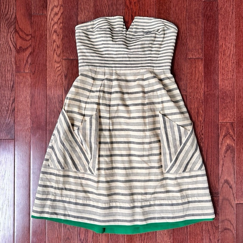 Anthropologie Maeve Strapless Navy Striped Linen Strapless Cocktail Dress Size 0